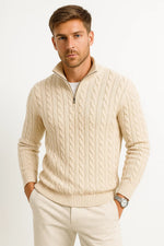 Konrad Cable Knit Zip-Collar Sweater