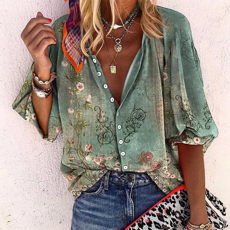 Isla | Boho Print Bell Sleeve V-Neck Blouse, women's blouse – view 1