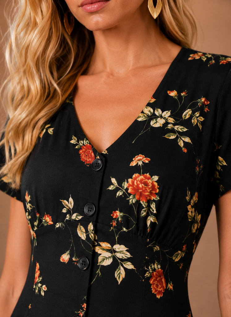 Women's Floral Midi Dress – Button Front Short Sleeve | Areleon