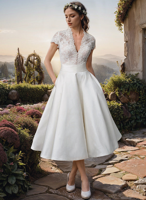 Carmen Lace Bodice V-Neck Midi Wedding Dress