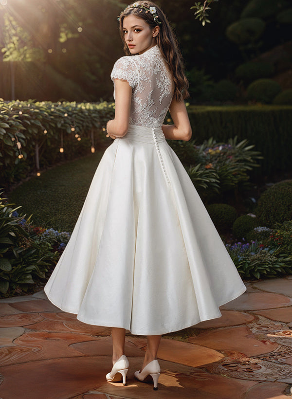 Carmen Lace Bodice V-Neck Midi Wedding Dress