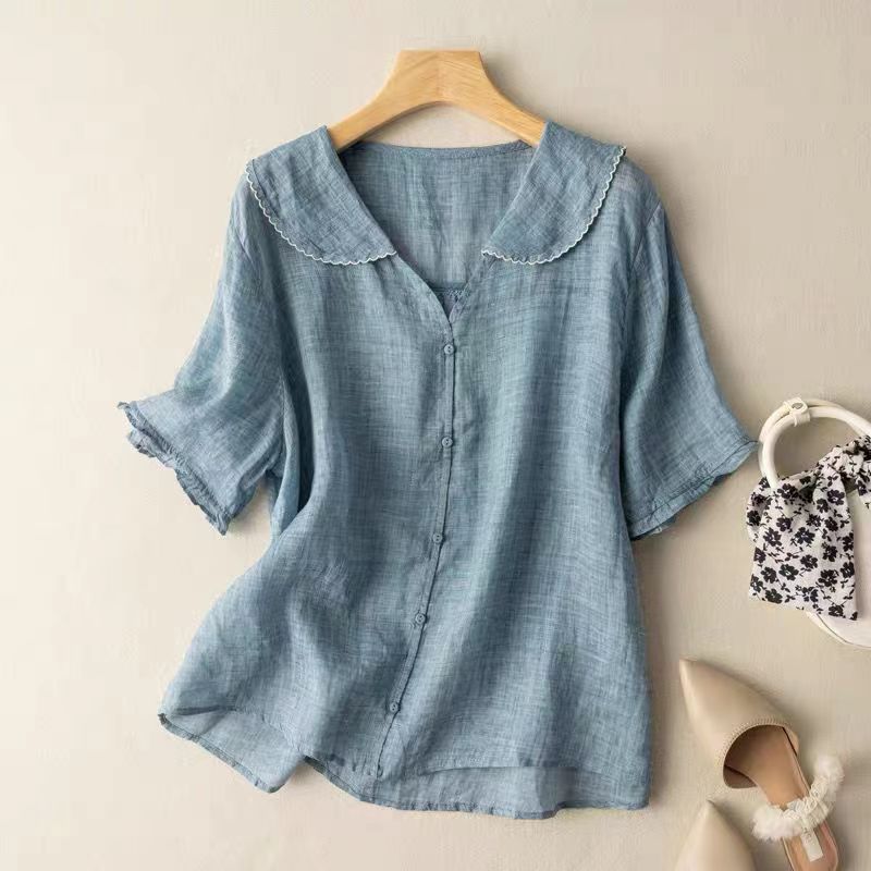 Greta Short-Sleeve Button-Placket Top