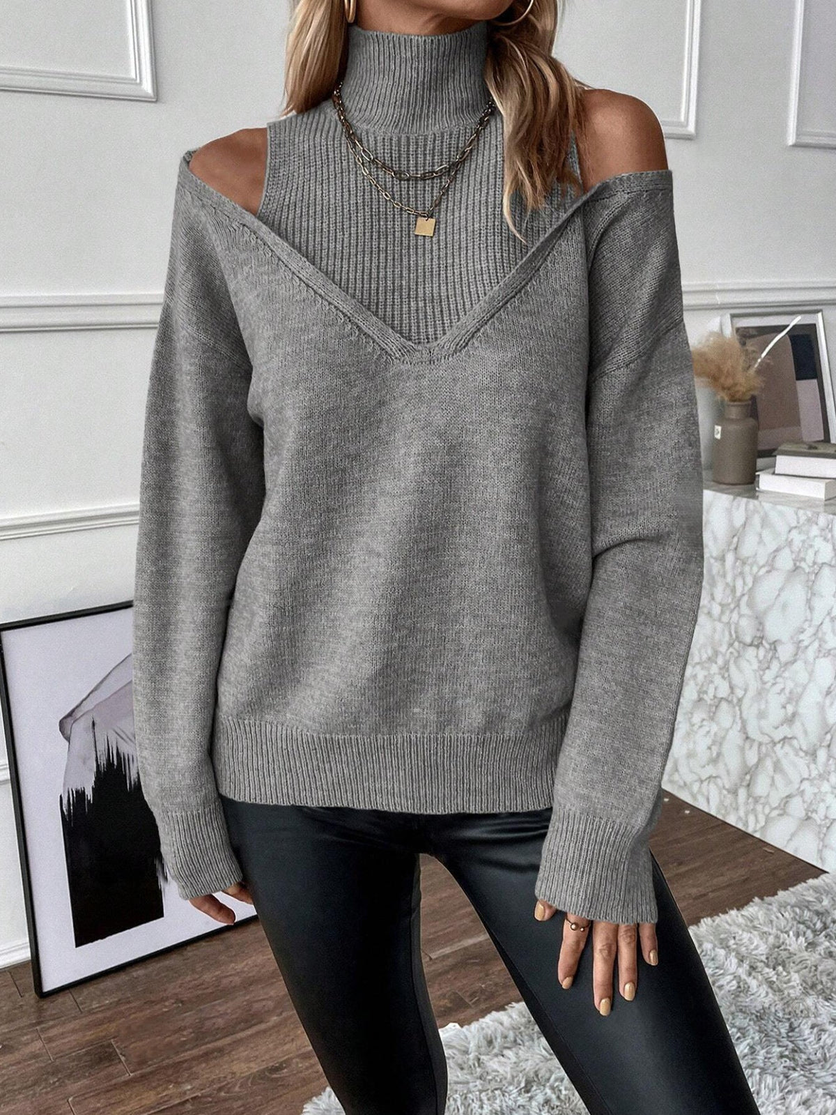 Bettina Off-Shoulder Turtleneck Knit Sweater
