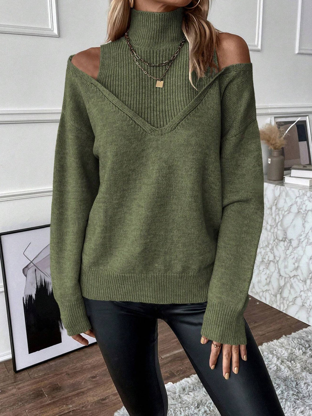 Bettina Off-Shoulder Turtleneck Knit Sweater