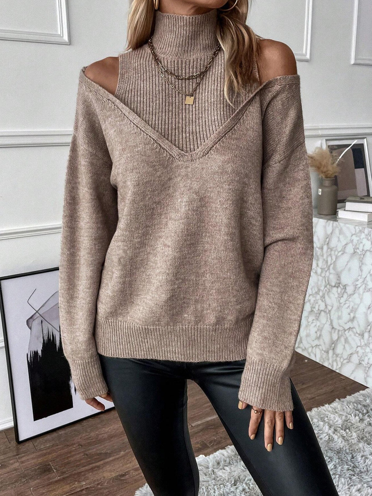 Bettina Off-Shoulder Turtleneck Knit Sweater