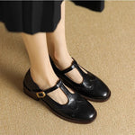 Nadine | Leather T-Strap Low Block Heel Mary Janes