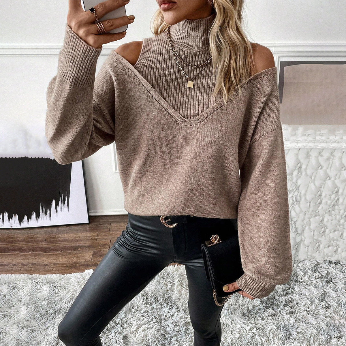 Bettina Off-Shoulder Turtleneck Knit Sweater