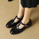 Nadine | Leather T-Strap Low Block Heel Mary Janes