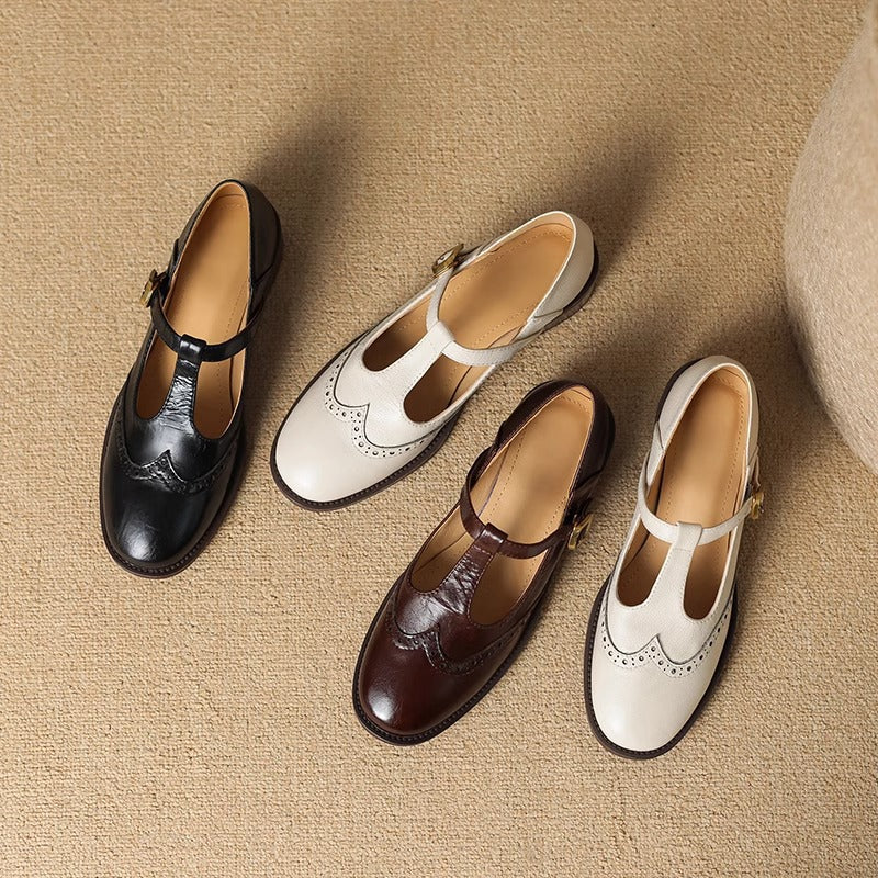 Nadine | Leather T-Strap Low Block Heel Mary Janes