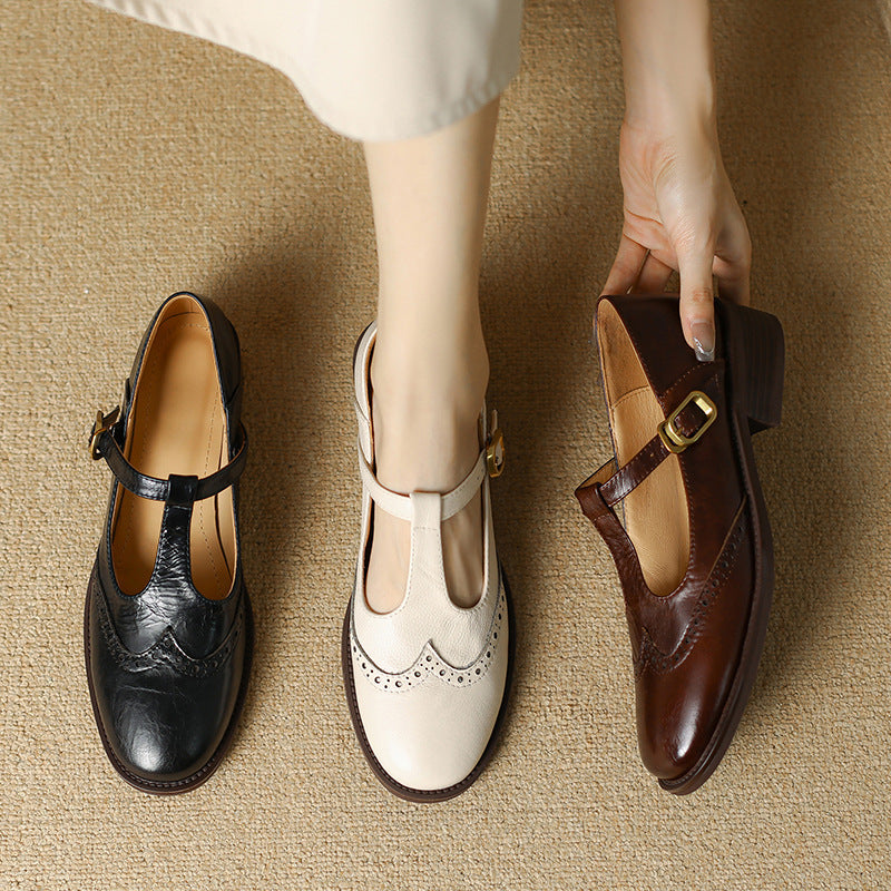 Nadine | Leather T-Strap Low Block Heel Mary Janes