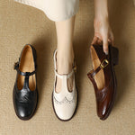 Nadine | Leather T-Strap Low Block Heel Mary Janes