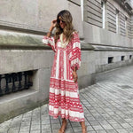 Flora | Puff Sleeve Boho Printed V-Neck Maxi Dress