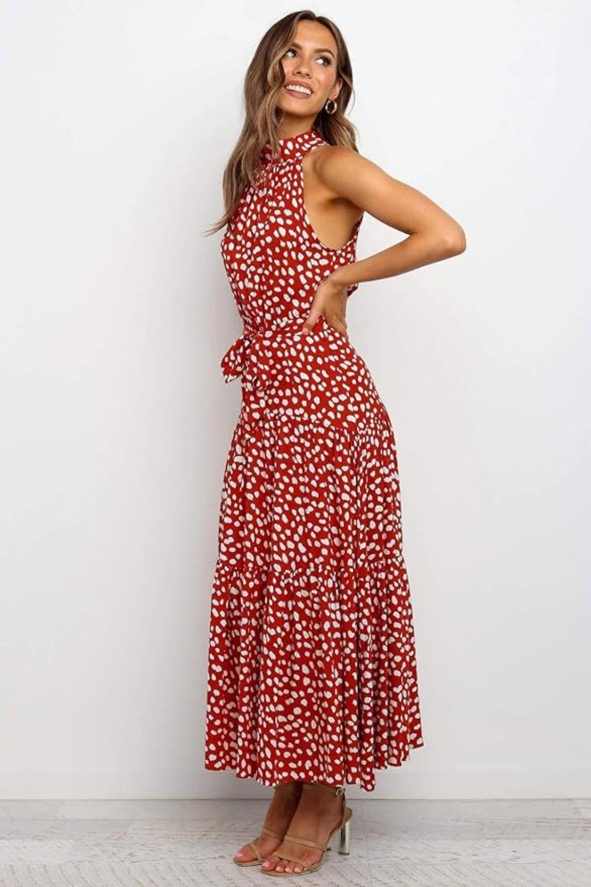 Karin Printed Halter Maxi Dress with Waist Tie