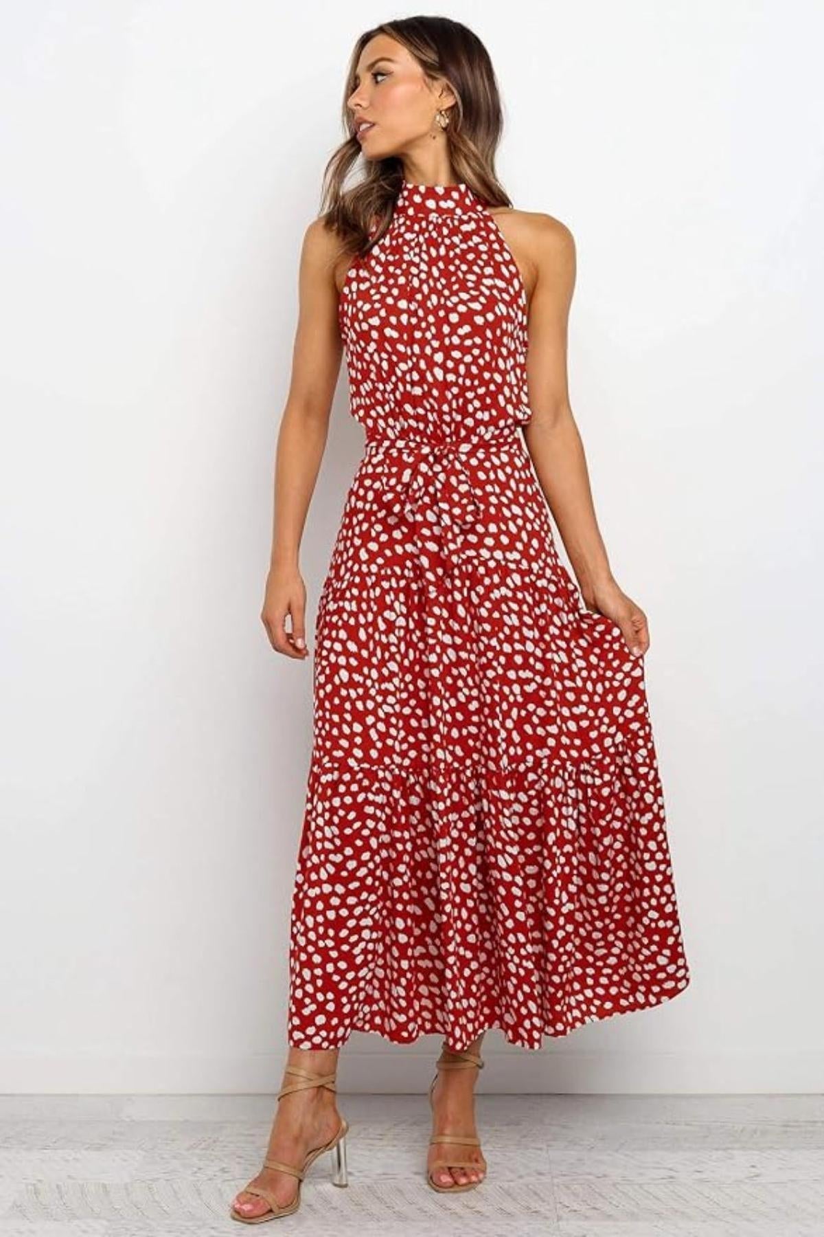 Karin Printed Halter Maxi Dress with Waist Tie