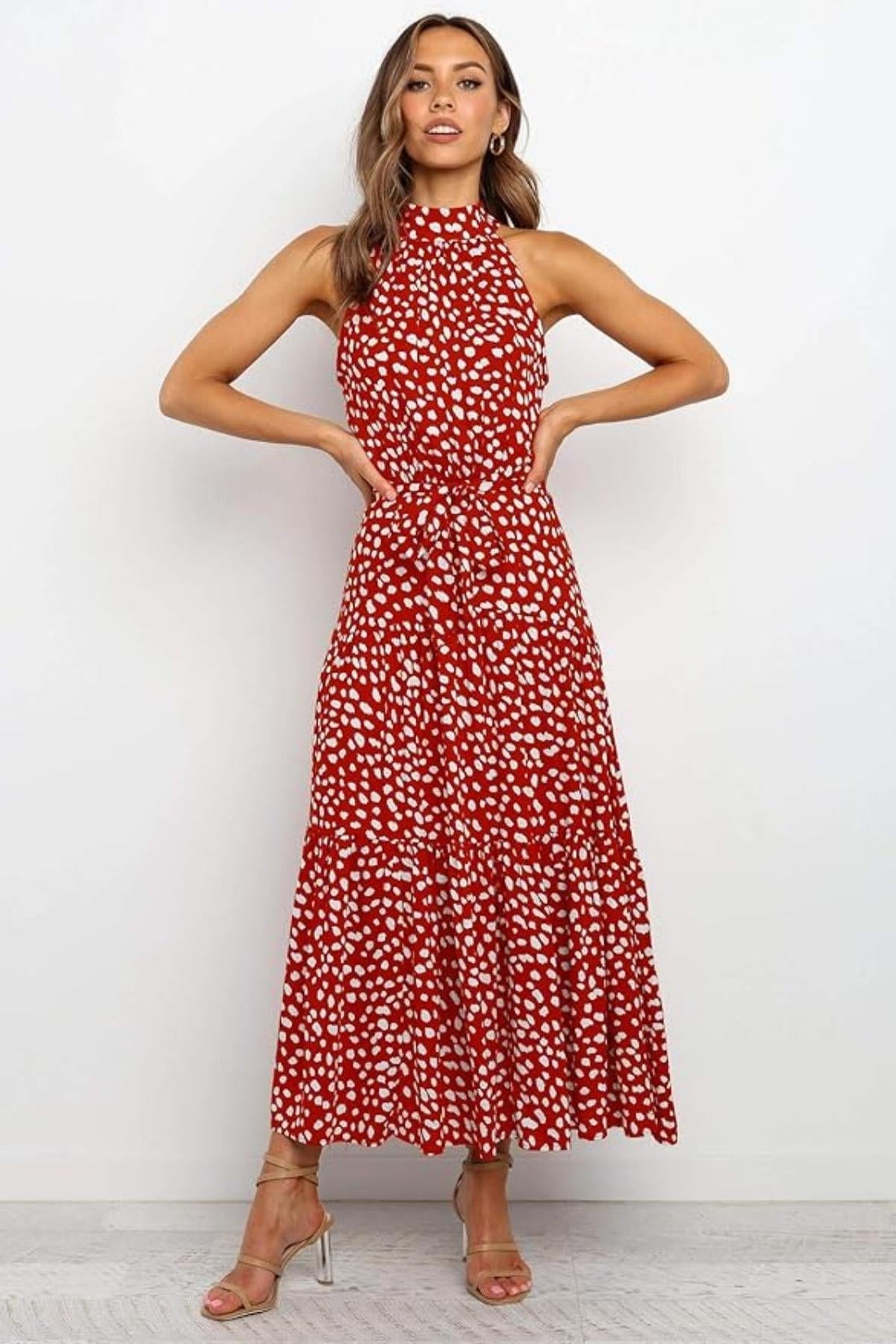 Karin Printed Halter Maxi Dress with Waist Tie