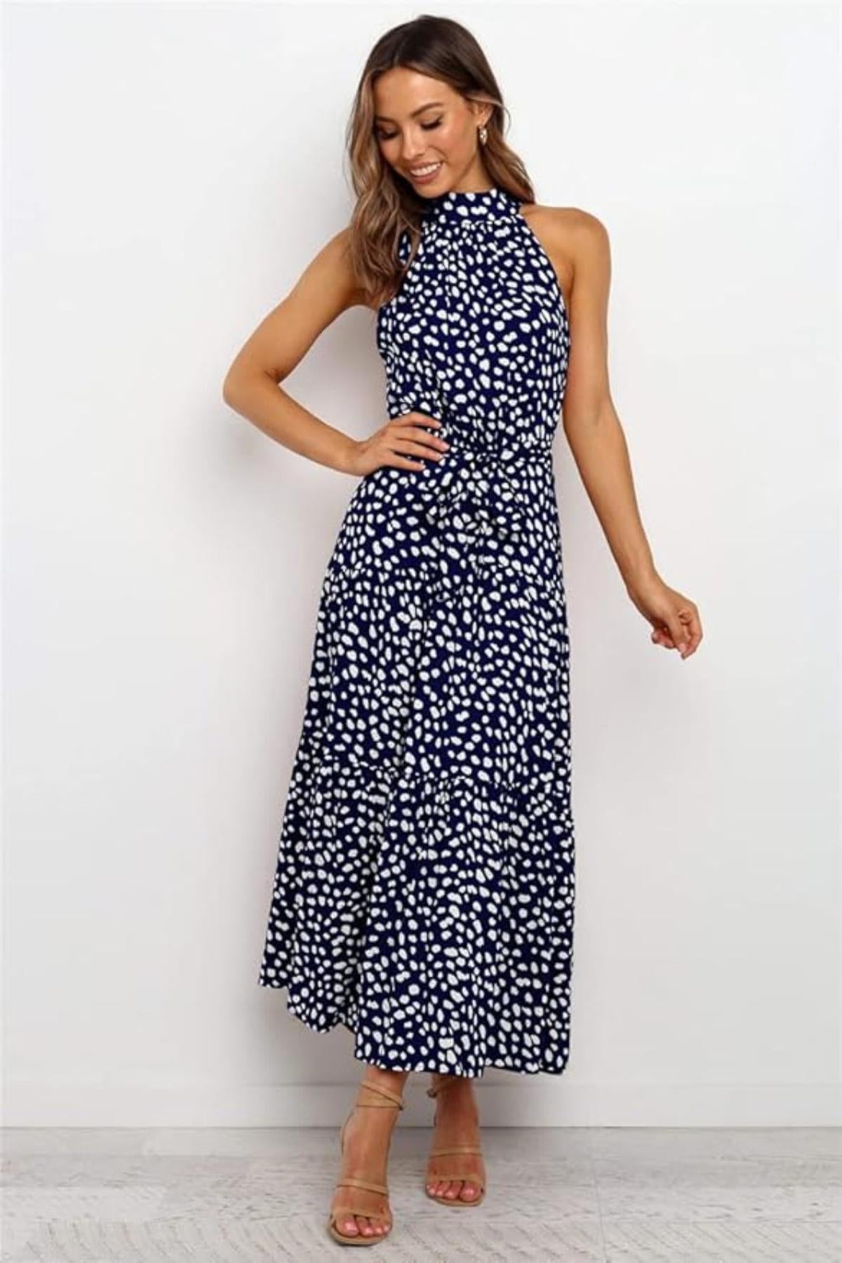 Karin Printed Halter Maxi Dress with Waist Tie