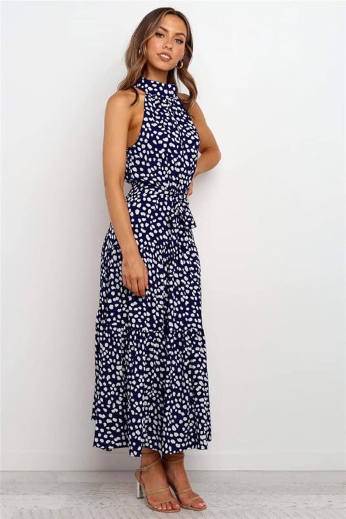 Karin Printed Halter Maxi Dress with Waist Tie