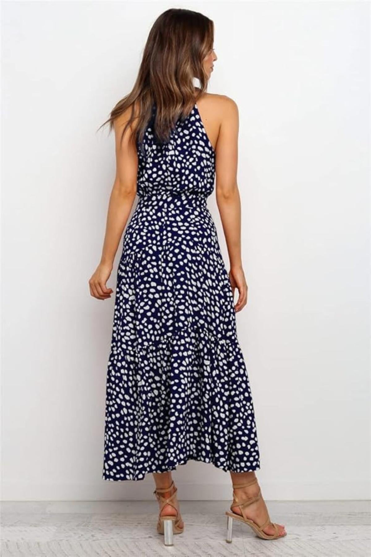 Karin Printed Halter Maxi Dress with Waist Tie