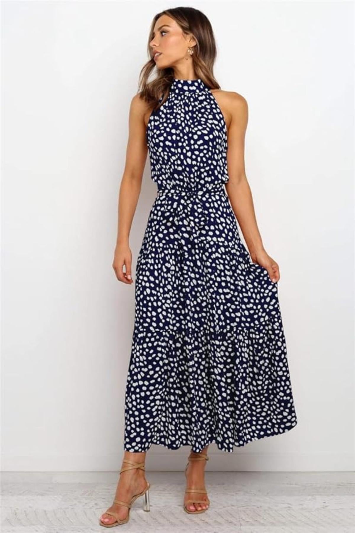 Karin Printed Halter Maxi Dress with Waist Tie