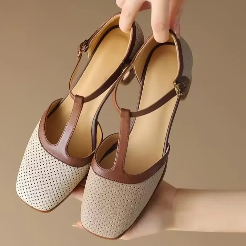 Piper | Square Toe T-Strap Block Heel Mid Heel Pumps