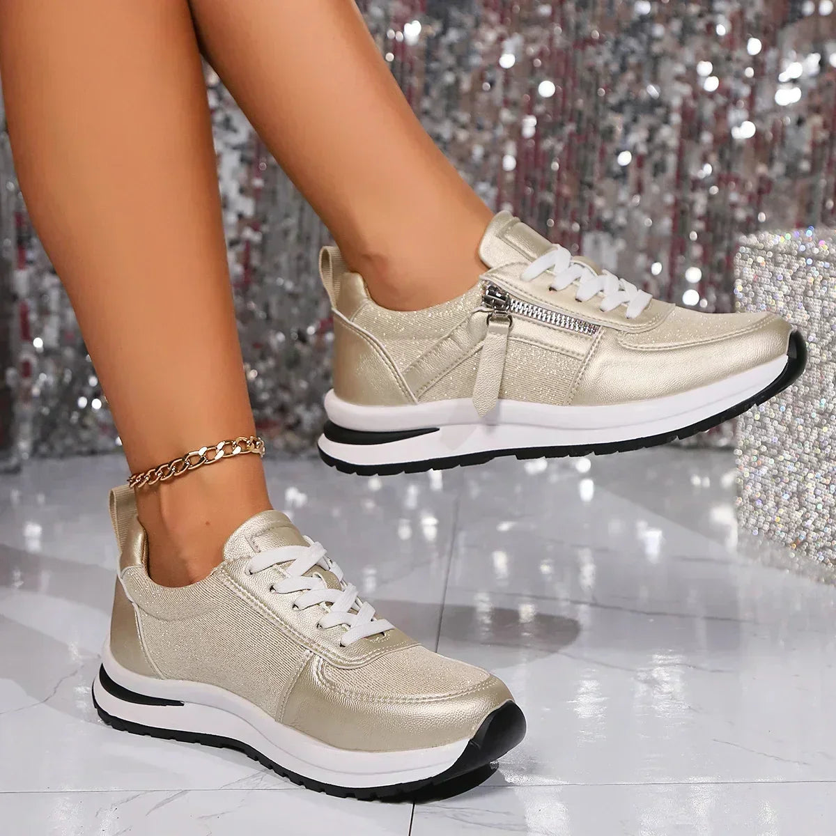 Sienna | Metallic Lace-Up Platform Sneakers