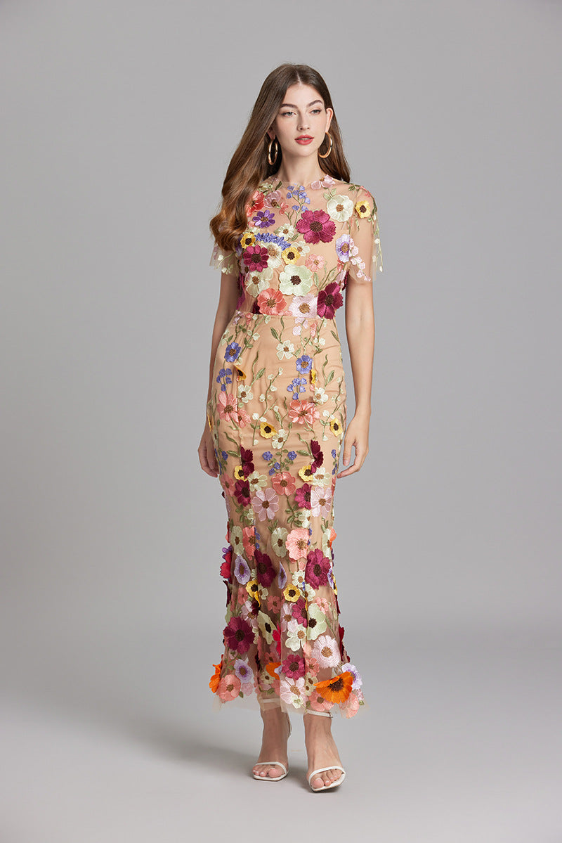 Verena Sheer Maxi Dress with Floral Embroidery