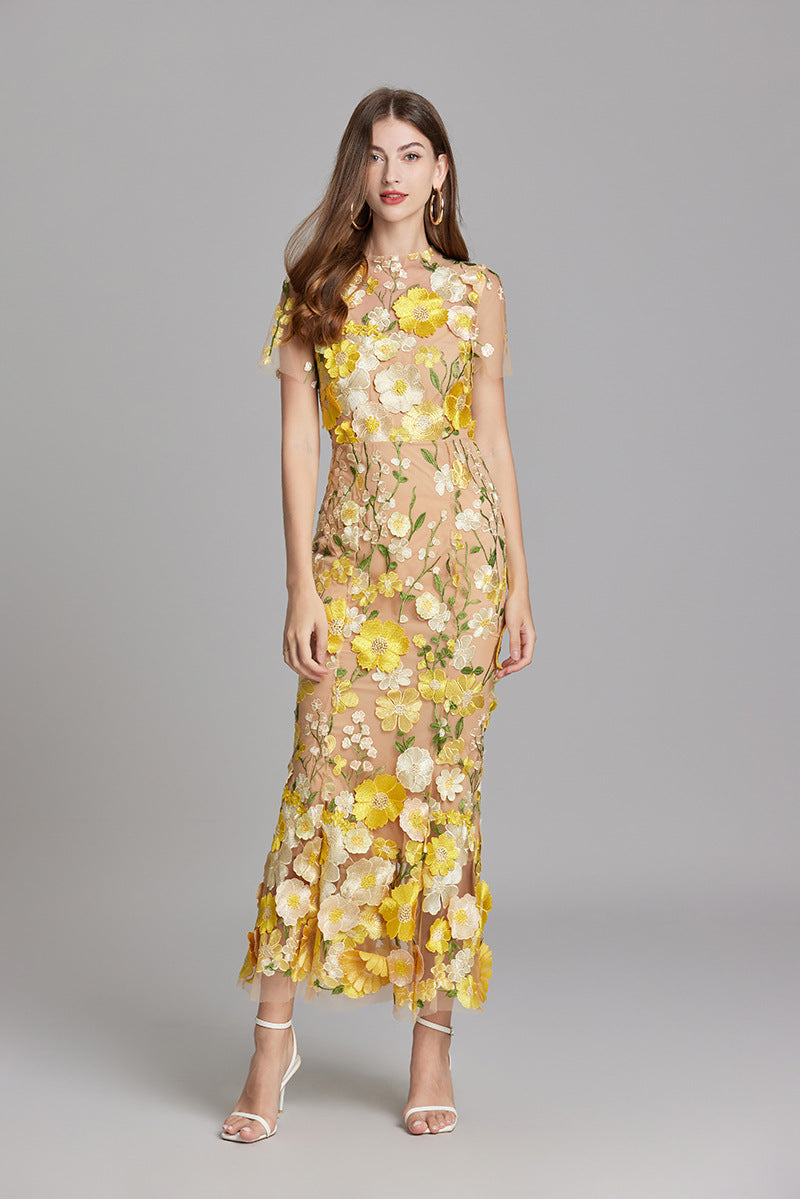 Verena Sheer Maxi Dress with Floral Embroidery