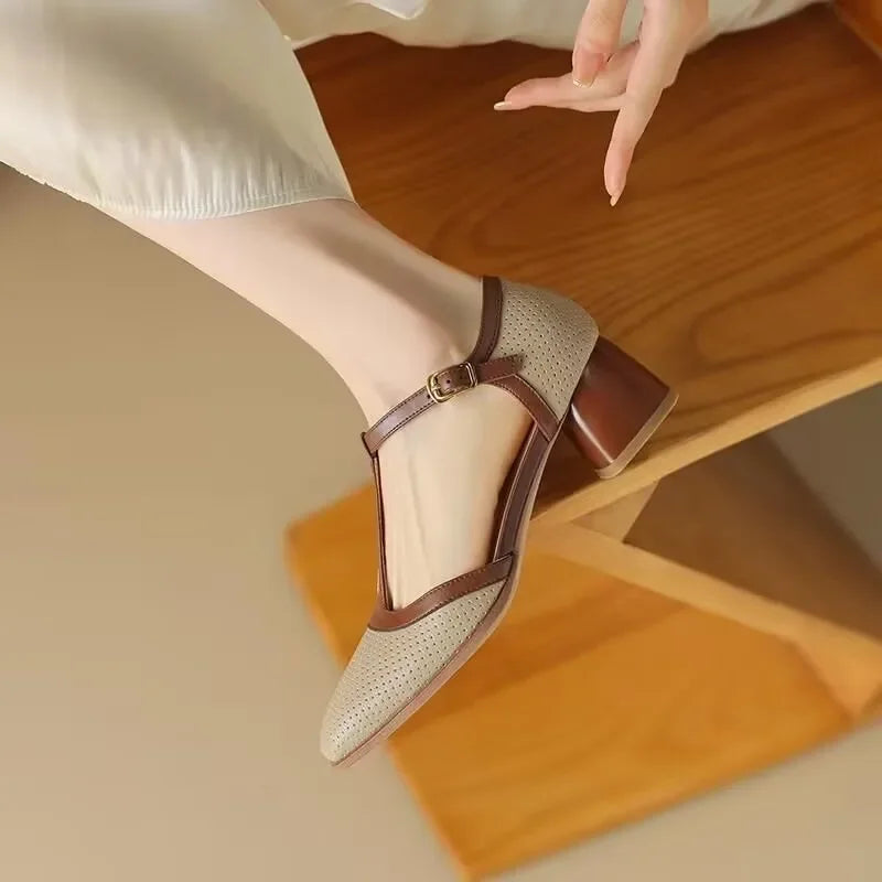 Piper | Square Toe T-Strap Block Heel Mid Heel Pumps