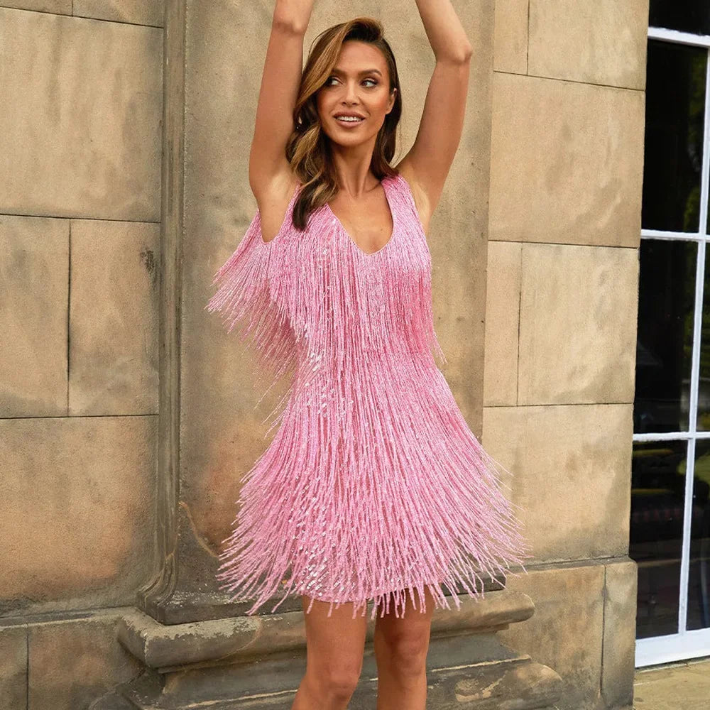 Alina Sparkly Fringe Party Mini Dress