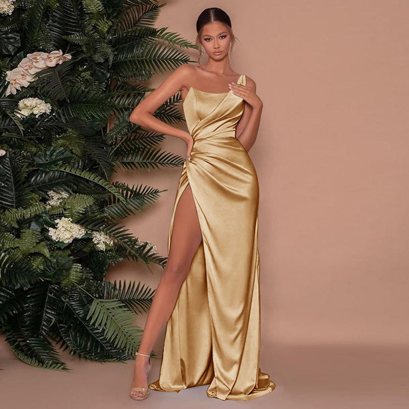 Petra Asymmetric Shoulder Satin Maxi Gown