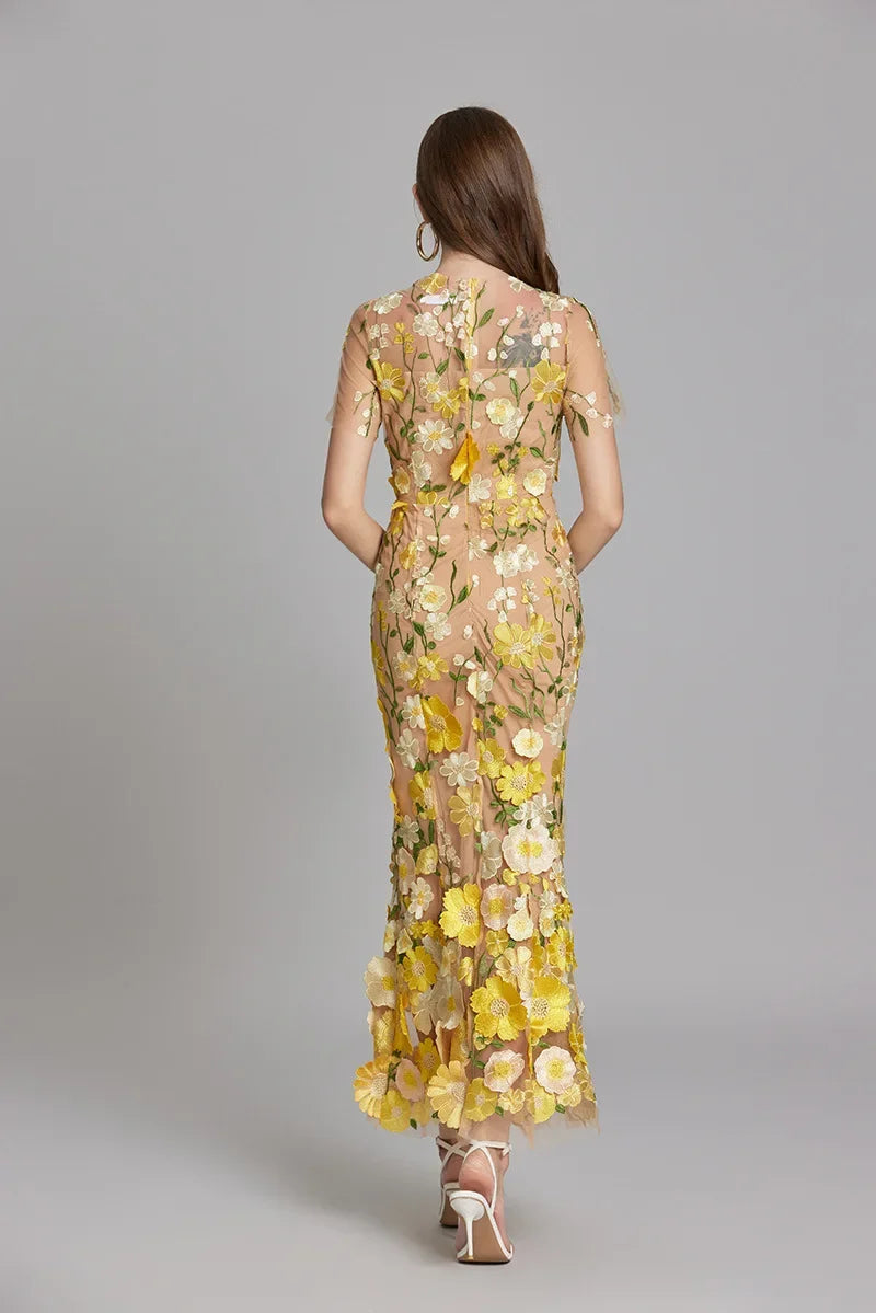 Verena Sheer Maxi Dress with Floral Embroidery