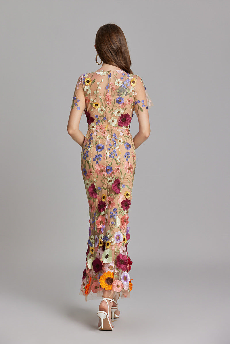 Verena Sheer Maxi Dress with Floral Embroidery