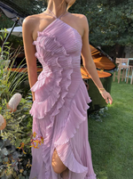Elfriede Pleated Ruffle Halter Midi Dress