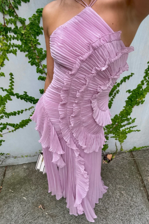 Elfriede Pleated Ruffle Halter Midi Dress