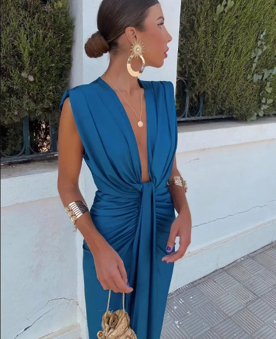 Eva Ruched V-Neck Wedding Guest Dress