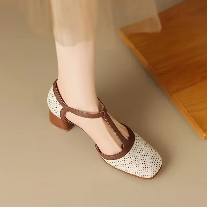 Piper | Square Toe T-Strap Block Heel Mid Heel Pumps