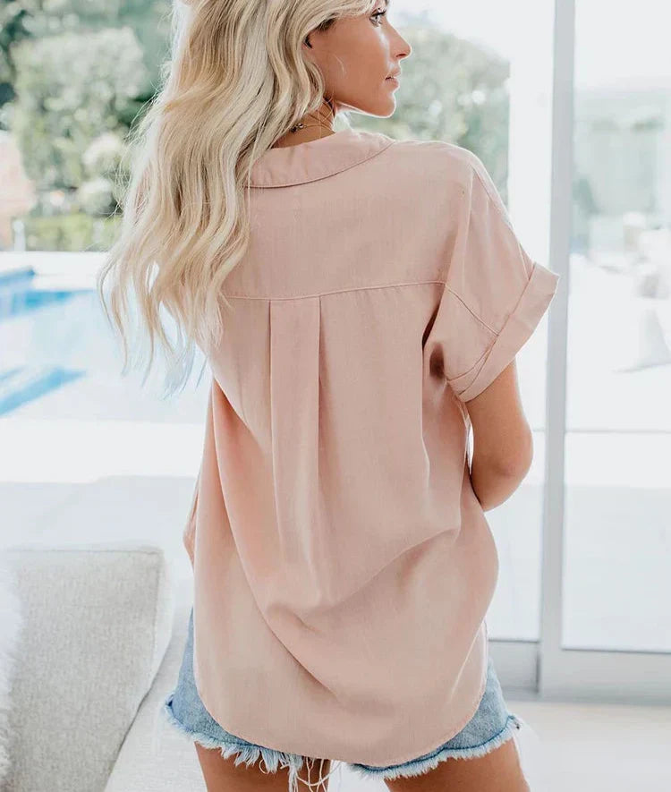 Edith Button-Front Blouse with Collar and Pocket