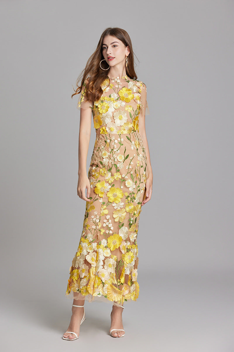 Verena Sheer Maxi Dress with Floral Embroidery