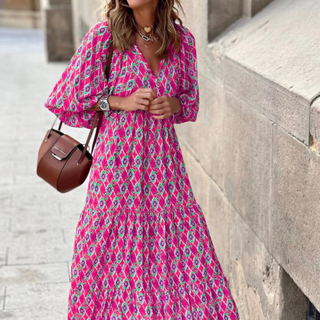 Flora | Puff Sleeve Boho Printed V-Neck Maxi Dress