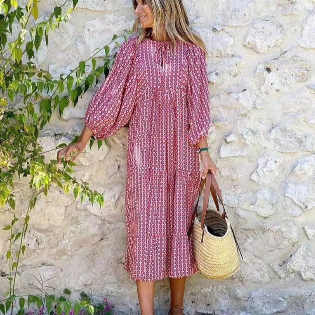 Flora | Puff Sleeve Boho Printed V-Neck Maxi Dress