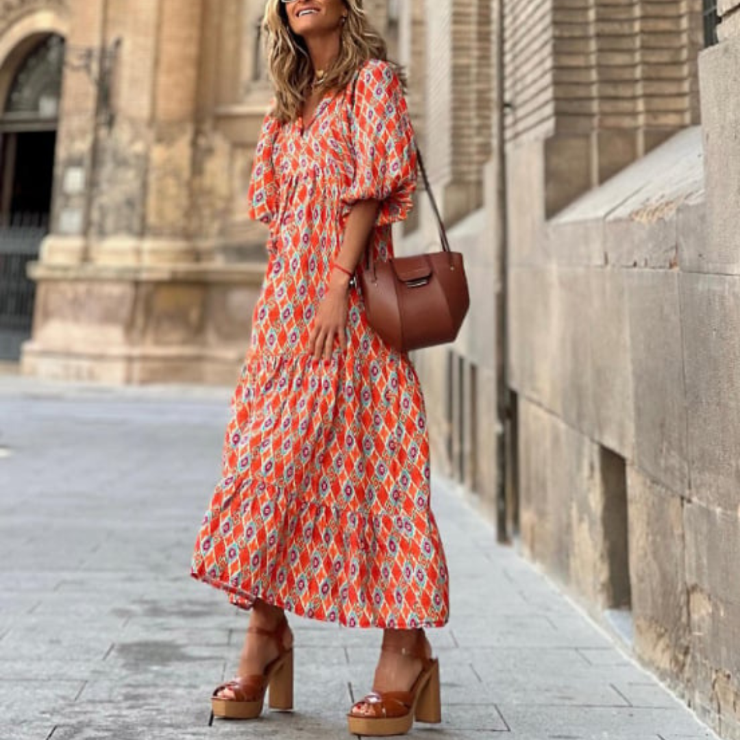 Flora | Puff Sleeve Boho Printed V-Neck Maxi Dress