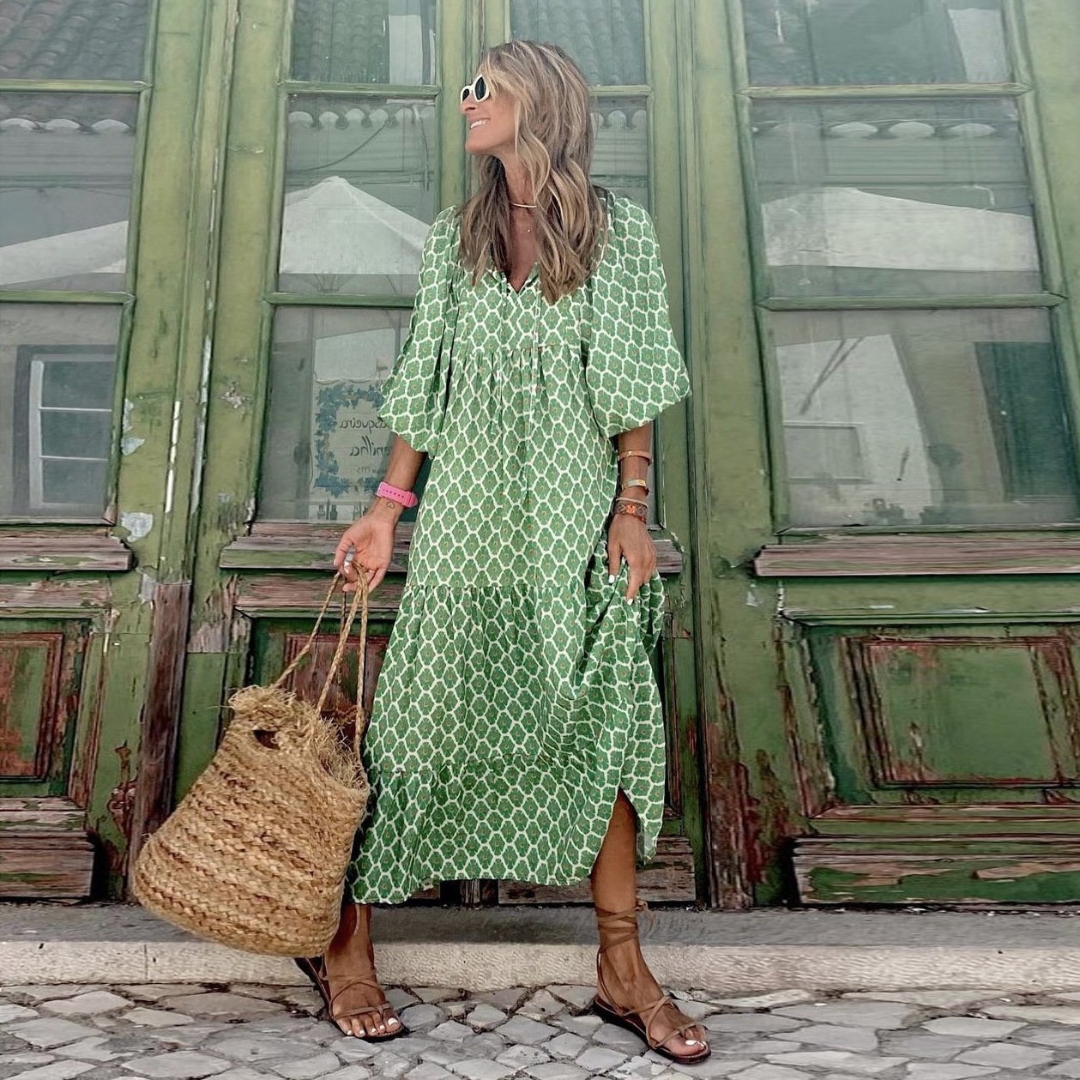 Flora | Puff Sleeve Boho Printed V-Neck Maxi Dress