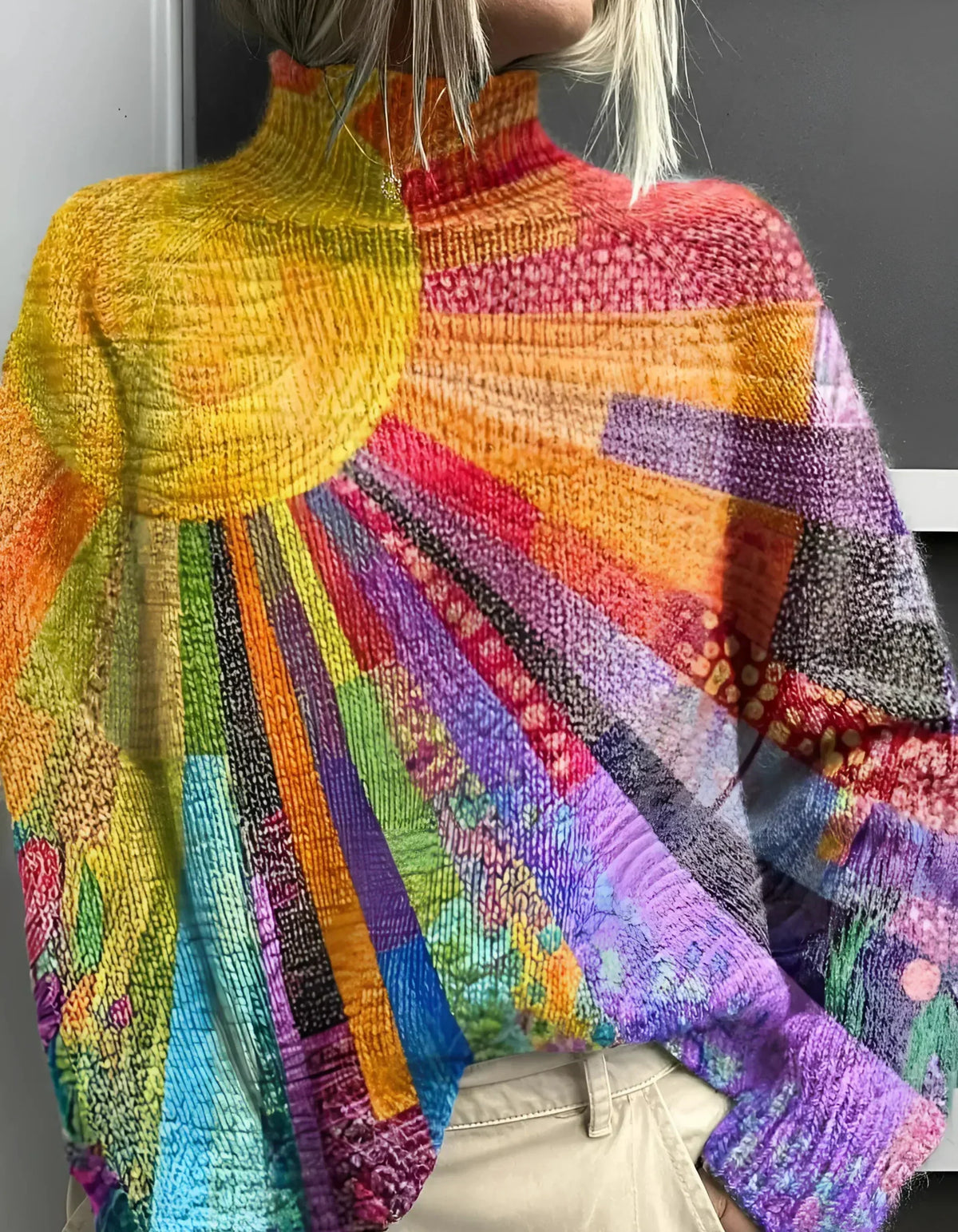 Renate High Neck Pullover with Colorful Pattern