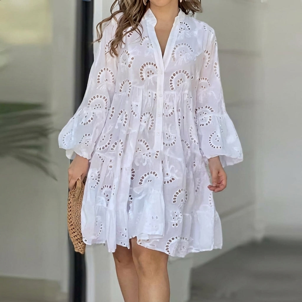 Elfriede Boho Tiered V-Neck Three-Quarter Sleeve Dress