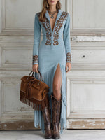 Anna Long-Sleeve Fringe Maxi Dress