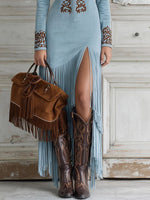 Anna Long-Sleeve Fringe Maxi Dress