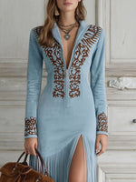 Anna Long-Sleeve Fringe Maxi Dress