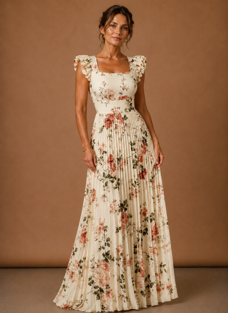 Women’s Floral Pleated Maxi Dress – Elegant Wedding Guest | Areleon