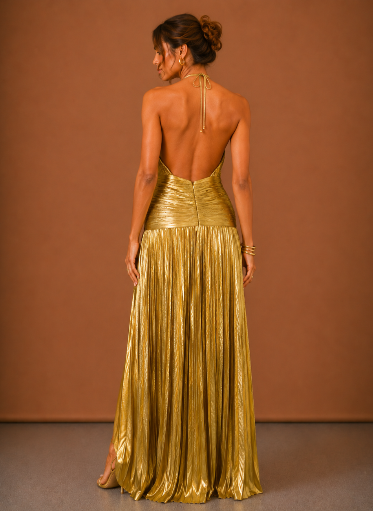 Women’s Metallic Halter Maxi Dress – Elegant Evening Occasion | Areleon
