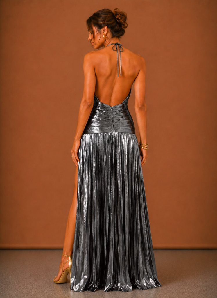 Women’s Metallic Halter Maxi Dress – Elegant Evening Occasion | Areleon